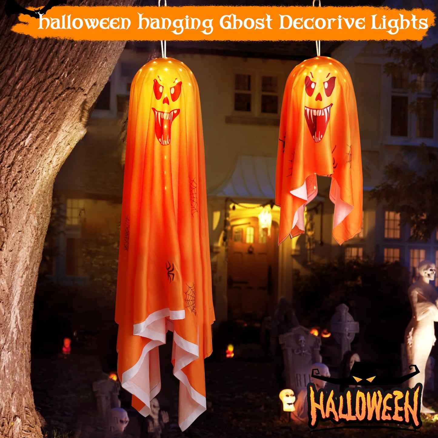 FUNIAO (New) 2 Pcs Halloween Decorations Outdoor, Spooky Ghost with String Lights, Halloween Haunted House Props Battery Operated for Porch, Tree, Patio, Yard, Front Door, Party - Orange