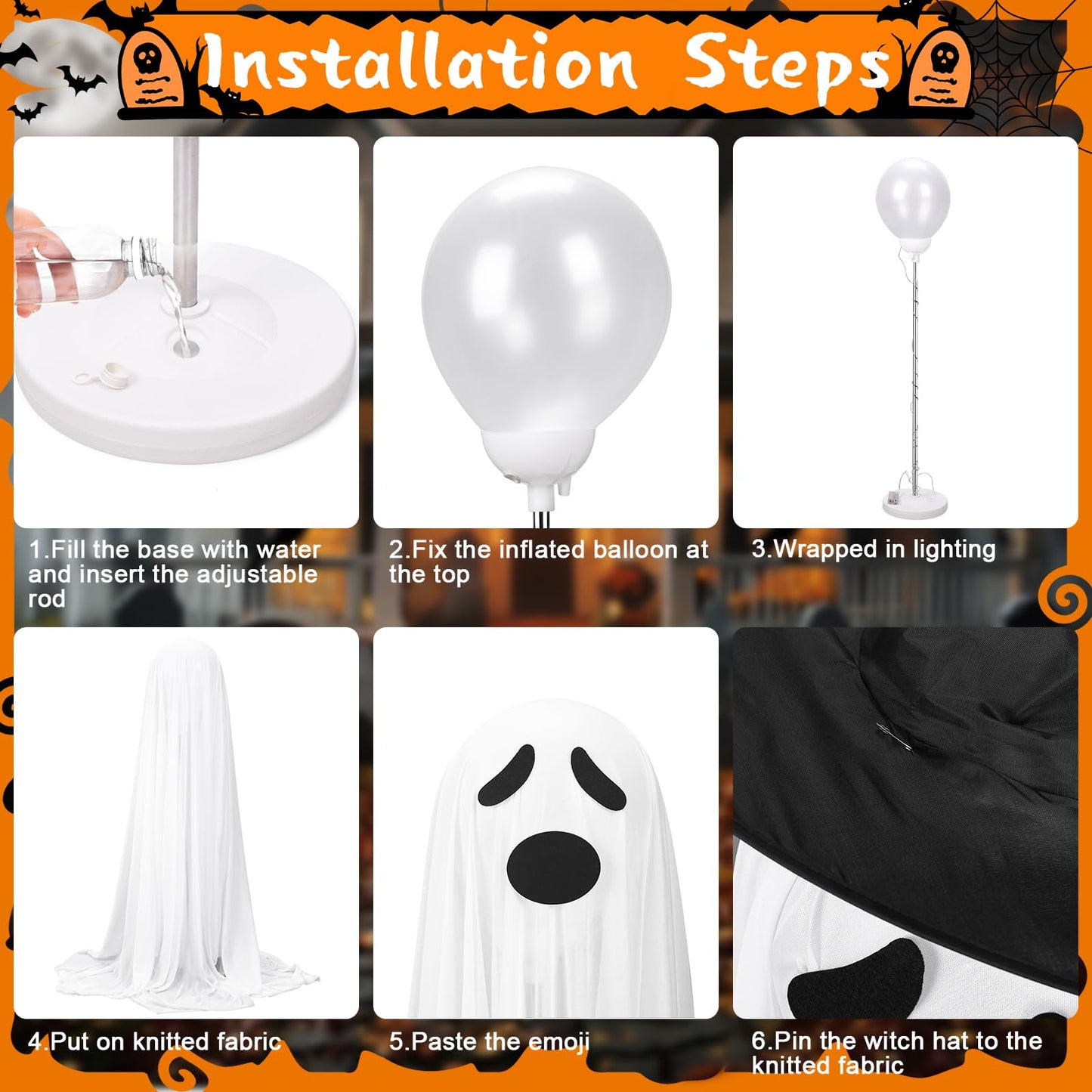 Bensbl 2Pcs Outdoor Ghost Decorations Light Up Standing Ghosts with String Lights 3 Expressions and 2 Witch Hats for Front Porch Yard Lawn Haunted House Decor