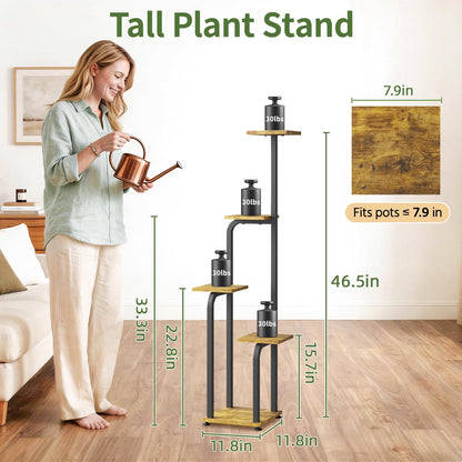 LASZOLA 5 Tiered Plant Stand Tall for Indoor Corner, Modern Multiple Flower Display Rack with Wooden Tray, Vertical Planter Shelf for Living Room Bedroom Patio Garden Balcony, Black