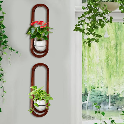 JOJOCY Wall-Mounted Modern Oval Wooden Vase 2PCS, Oval Hanging Plant Stand with Ceramic Pots for Indoor Living Room Bedroom Decor (Walnut Wood)