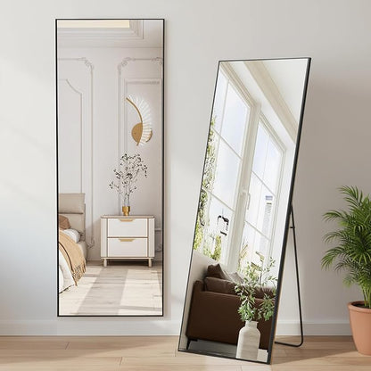 NEWBULIG Mirror Full Length, 58"x19" Body Wall Mirrors with Shatter-Proof Glass, Upgraded Floor Standing Mirror, Hanging or Leaning, with Stand Aluminum Alloy Frame for Home Decor, Bedroom, Black