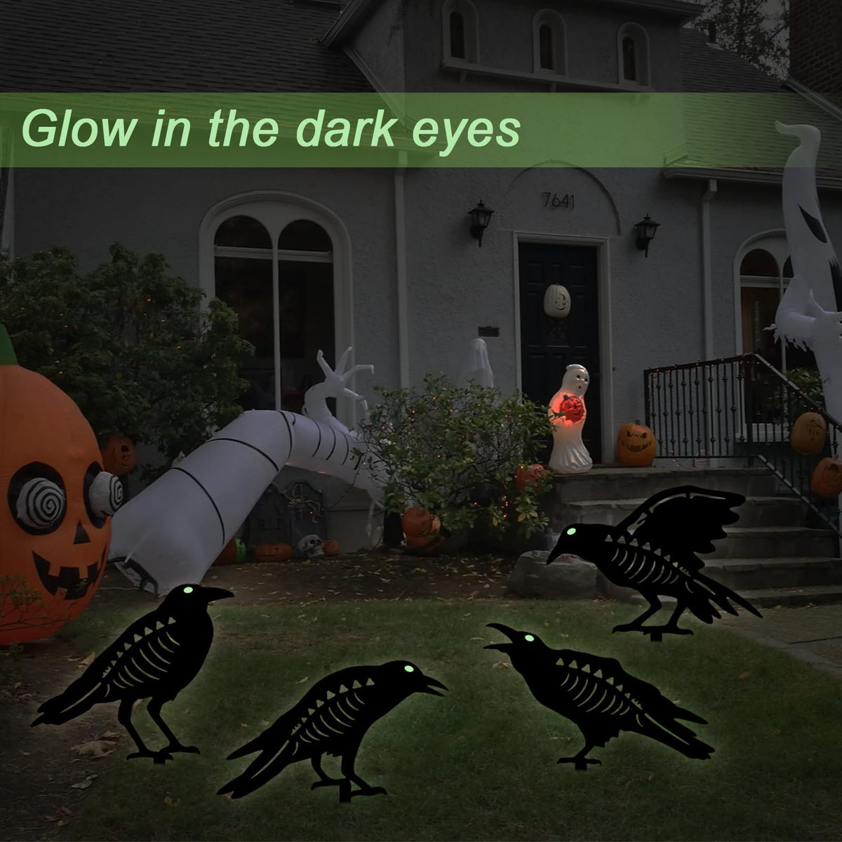 Hokfirm Halloween Black Crow Garden Stake Decor 4 Pack Scary Raven Silhouette Metal Yard Signs with Glow-in-The-Dark Eyes for Outdoor Halloween Decorations (Crow Black)