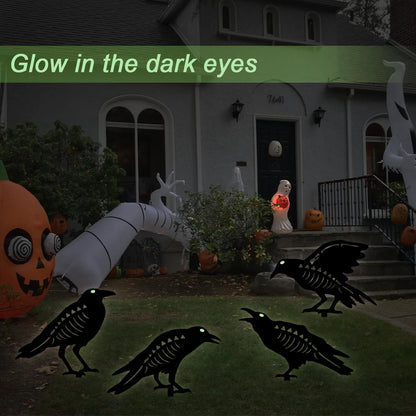 Hokfirm Halloween Black Crow Garden Stake Decor 4 Pack Scary Raven Silhouette Metal Yard Signs with Glow-in-The-Dark Eyes for Outdoor Halloween Decorations (Crow Black)