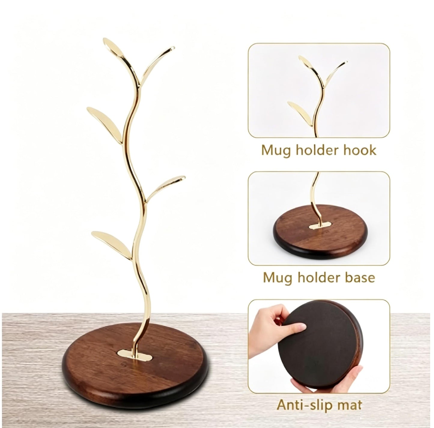 Mi hogar Leaf-Shaped Mug Tree Stand for Kitchen Counter, Modern Tabletop Organizer Holds 4 Mugs with Stable Round Base, Decorative Storage Rack for Coffee & Tea Cups