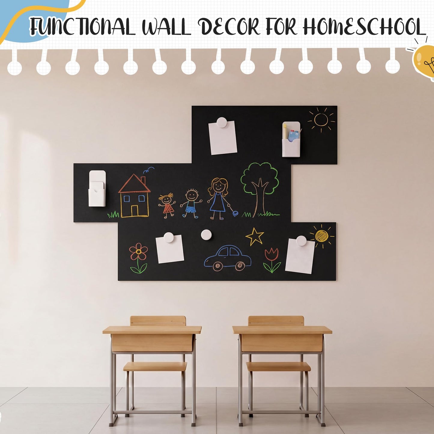 Poola Voidra 40" x 24" Magnetic Wall Decal, 8 Pcs Peel and Stick Magnetic Contact Paper with Chalk Eraser and Magnet Storage Boxes, Drawing Modular Board for Playroom Classroom Home(Black)