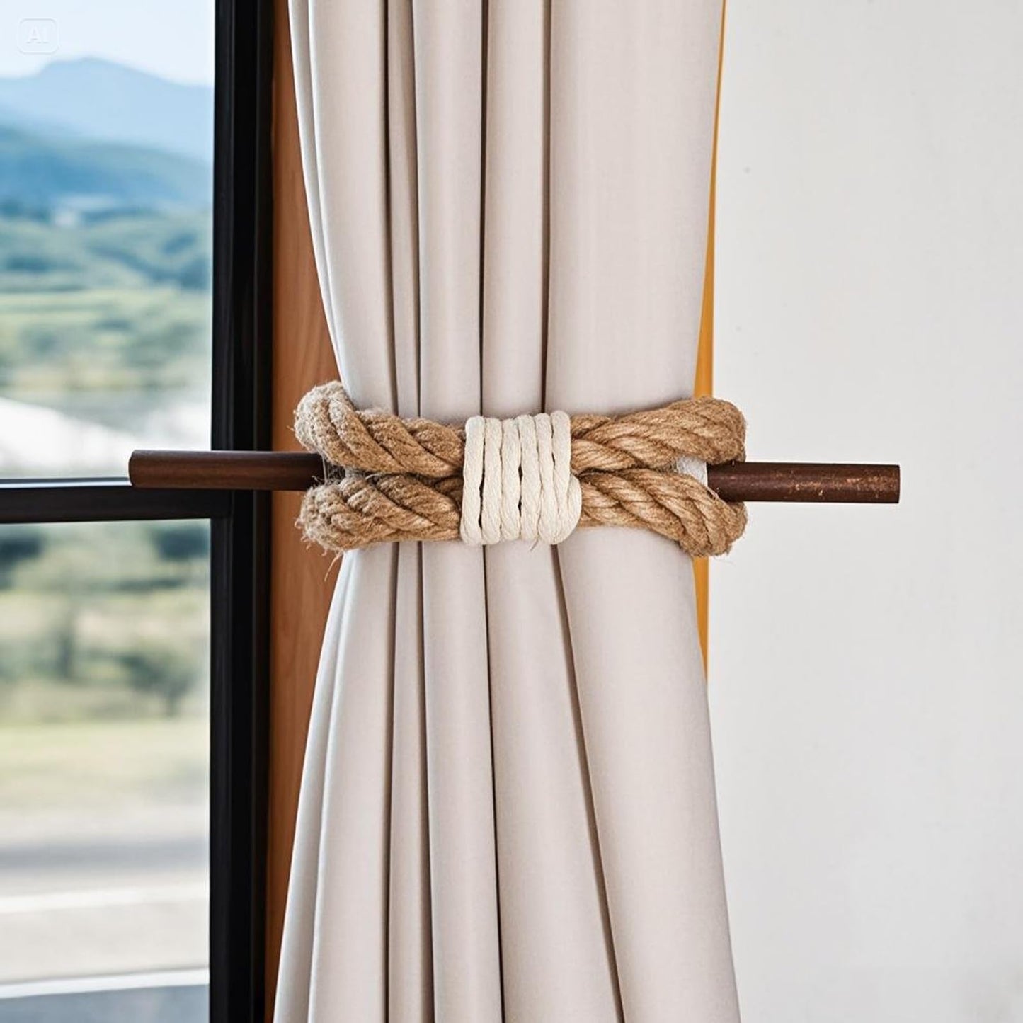 JELUTRIC Curtain Tiebacks Farmhouse Holdbacks,Nautical Boho Rustic Curtain Holders,Cotton Jute Rope with Wood Club,Wood Vintage Natural Woven Curtain Ties for Window Drapery 2Pcs