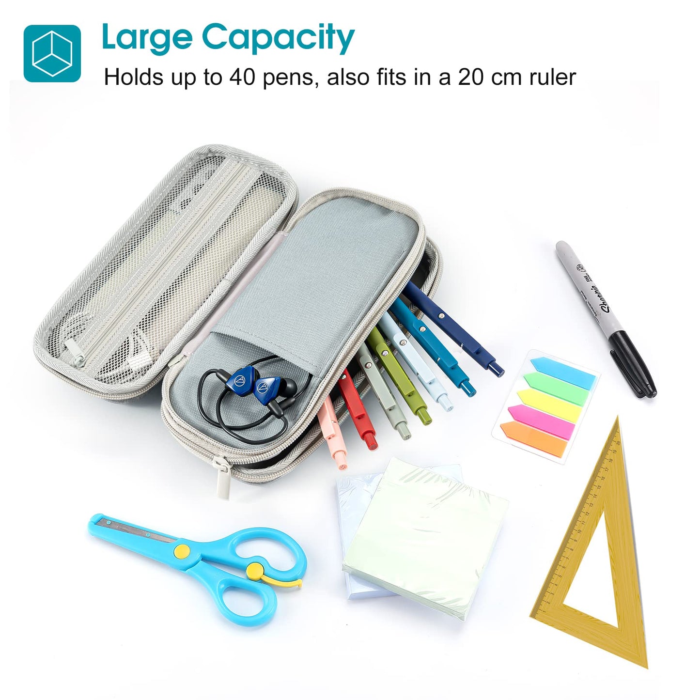 ProCase Pen Pencil Case, 2-Layer EVA Zipper Pencil Box Pouch Large Capacity Stationery Storage Organizer for School Office Supplies -Grey