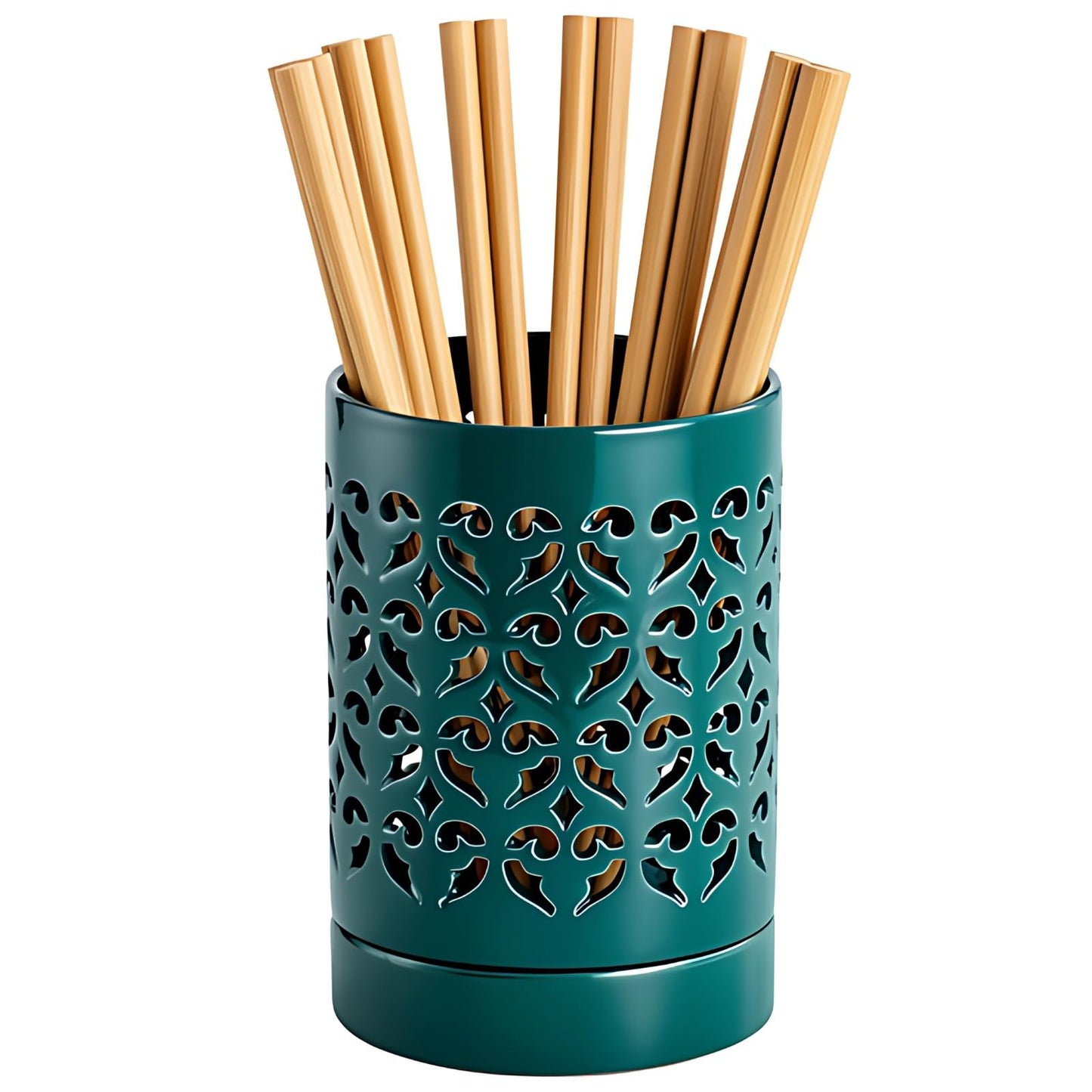Toyosport Hollow Ceramic Decorative Pot, Green Floral Design, 5.5 x 4.1 in/14 x 10.5 cm, Multi-Purpose, Chopsticks Cage, Pen Holder, Indoor Outdoor Flower Pots