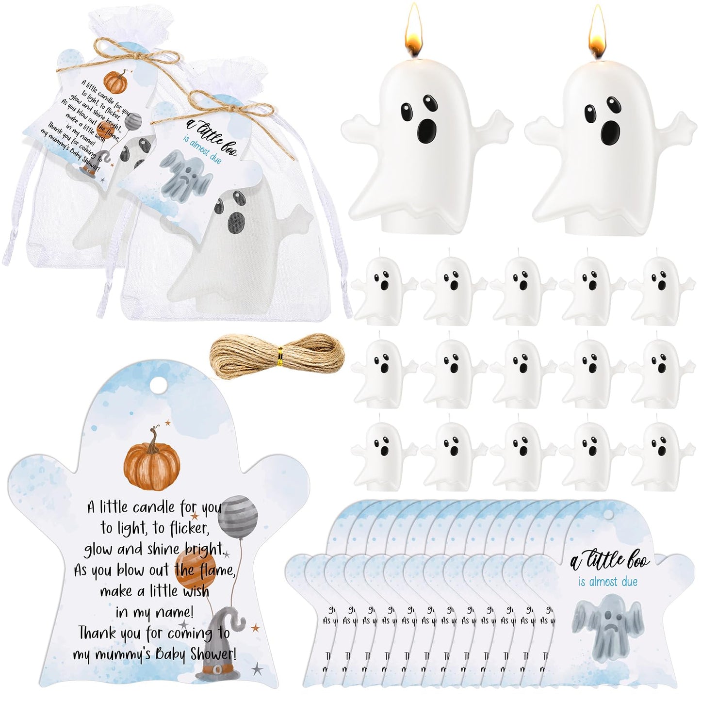MTLEE 50 Sets Halloween a Little Boo is Almost Du Baby Shower Favors Cute Ghost Candles Unscented with Mini Ghost Thank You Cards Bags for Halloween Boo Gender Reveal Party Supplies (Blue)
