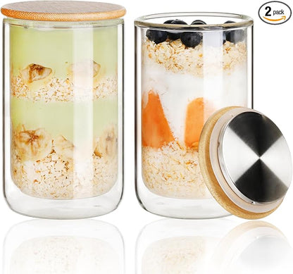 LIBWYS 2 Pack Overnight Oats Containers with Bamboo & Stainless Steel Lids, 15oz Meal Prep Jars - Double Walled High Borosilicate Glass jars for Overnight Oats, Chia Pudding & Salad