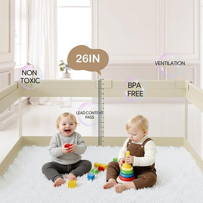 Fodoss Baby Playpen, 59×69in Beige Playpen for Babies and Toddlers, Play Pen for Apartment, Kids Activity Fence, Baby Playard with All-Side Mesh, Pull Rings