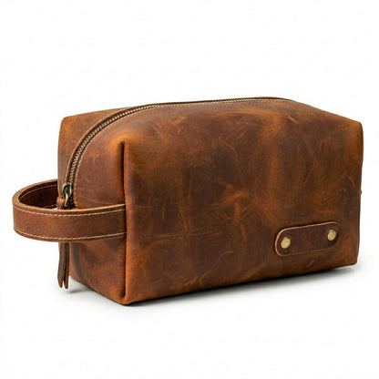Alomce Travel Toiletry Bag for Men, Premium Genuine Leather Dopp Kit, Vintage Water-Resistant Shaving Organizer Case, Spacious Single Compartment Grooming Pouch