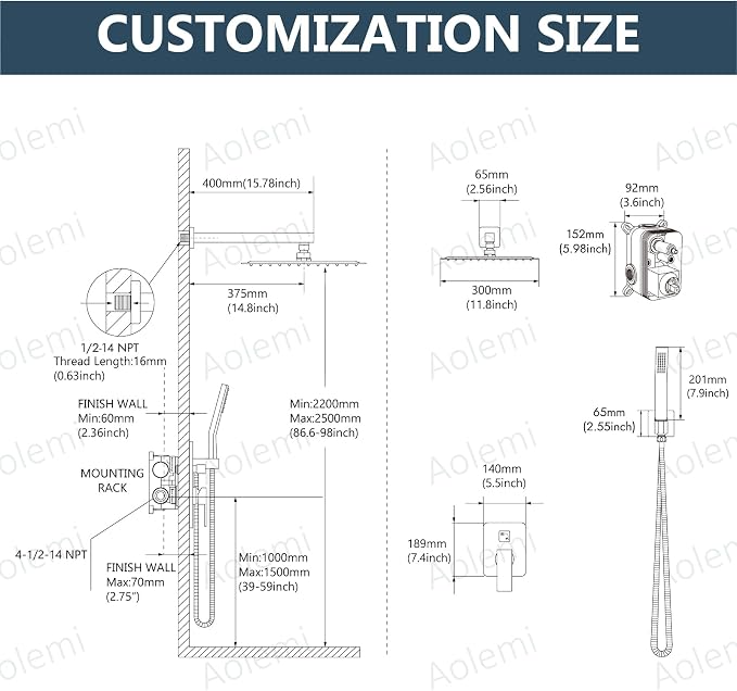 Aolemi Shower Faucet Set Rain Shower System with Handheld Spray Bathroom Shower Combo Rough-in Valve and Shower Trim Kit Included Brushed Nickel 12 Inch Wall Mount Shower Head