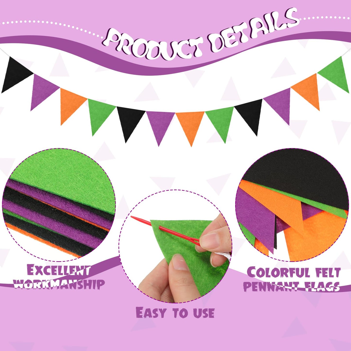 Irenare 9.8 ft Halloween Orange Black Purple Green Pom Pom Garland Felt Fabric Garland Set Colorful Tassel Banner 3.6 ft Felt Pennant Banner for Classroom School Fireplace Birthday Party
