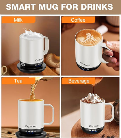 Kepwam Self Heating Coffee Mug T1-16oz Fast Heating & Ultra Long-Lasting Battery Life, Heated Coffee Mug Up to 149℉ - Touch & App Controlled Coffee Mug, Birthday Gifts for Women and Men