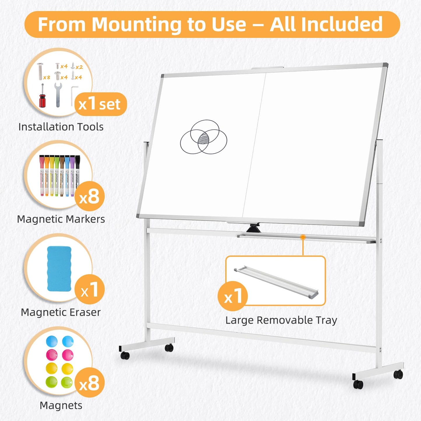 WALGLASS Rolling Whiteboard on Wheels, 72"x40" Double-Sided Dry Erase White Board with Stand, Large Magnetic Whiteboard, Giant Portable Standing Board for Office, School, Home, Classroom 6 x 3.33 ft