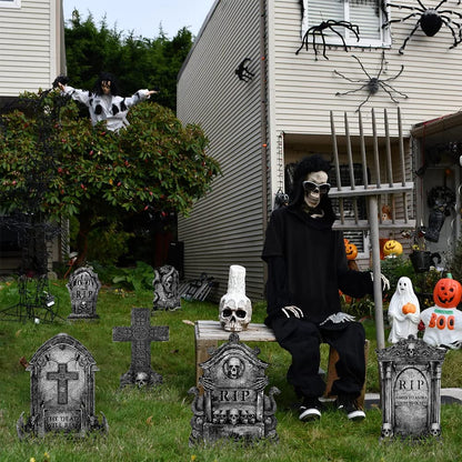 Graveyard Halloween Decorations Outdoor Tombstones: 6ct Large Tombstone Halloween Yard Signs with Stakes, 16" Realistic Scary Skeleton RIP Gravestones Lawn Cemetery Decor Outside for Kids Home Party