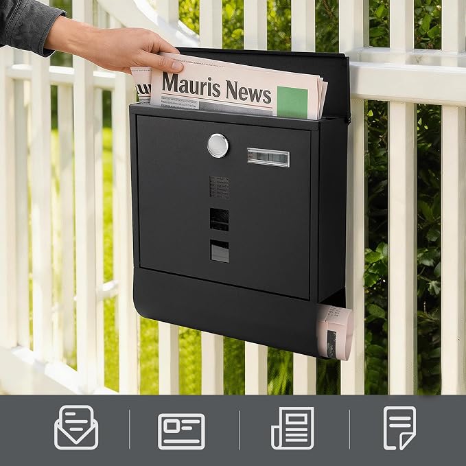 Jssmst Locking Mailbox Wall Mount, Black Mailboxes with Secure Key Lock and Newspaper Compartment, Key Lock Drop Box Large Capacity with Galvanized Cover and Rust-Proof Metal Mailbox, HPB2210 Black