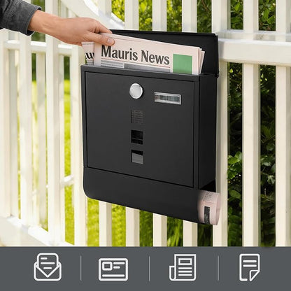 Jssmst Locking Mailbox Wall Mount, Black Mailboxes with Secure Key Lock and Newspaper Compartment, Key Lock Drop Box Large Capacity with Galvanized Cover and Rust-Proof Metal Mailbox, HPB2210 Black