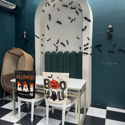 JarThenaAMCS 4Pcs Halloween Chair Covers Spooky Ghost Boo Y' All Seat Covers Washable Black Dining Chair Slipcover Protector for Home Kitchen Decor