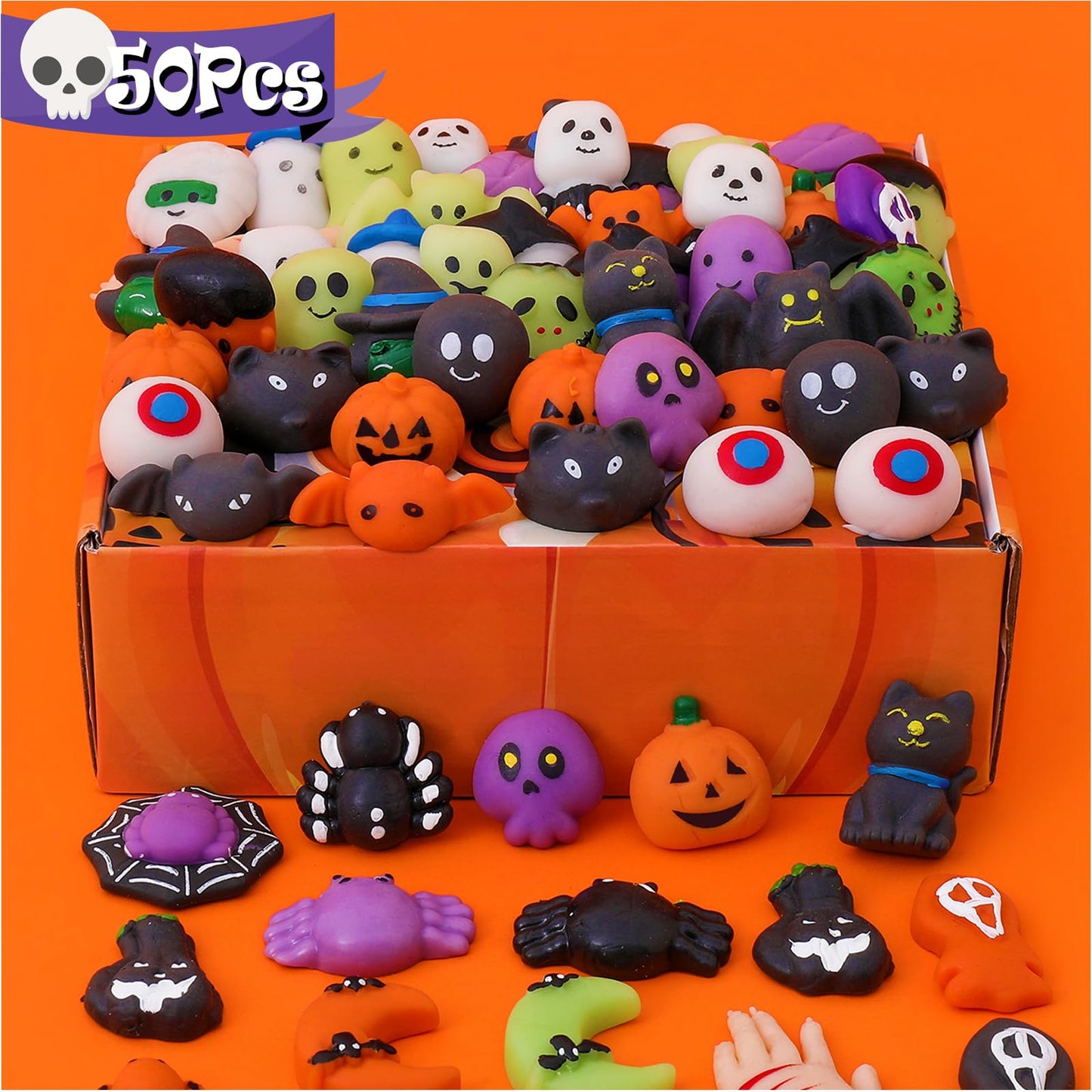 50Pack Halloween Goodie Bag Fillers Mochi Squishy Toys, Party Favors for Kids, Kawaii Squishies Fidget Toys, Stress Relief Toy Trick or Treat Stuffers Classroom Rewards Carnival Prize