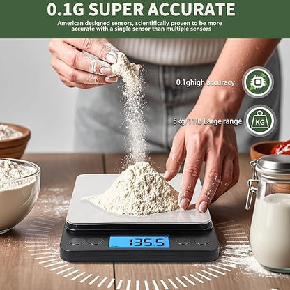 MEIYA Food Scale Grams and Ounces, Plus Size Digital Kitchen Scale for Cooking Baking, 5kg/0.1g High Accurate Gram Scale with USB Charging, 2 Tray, LCD Backlit Display, Stainless Steel Pan Easy Clean