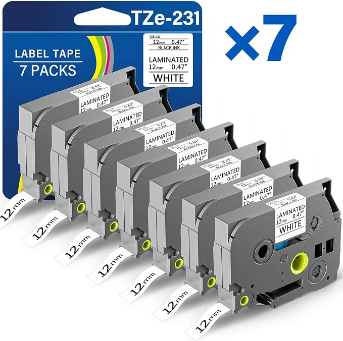 TZE-231 Label Maker Tape 12mm 0.47 Laminated Black on White 1/2" x 8m Replacement for Ptouch TZ TZE TZE231 Label Tape Cassette for PT-D220 PTD220 D220 PT-D210 PTD210 PT-H110 PT-D200 PT-D410 (7 Packs)
