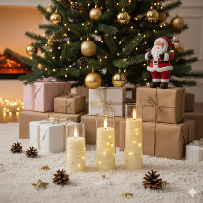 Raycare Flameless Candle with Remote Timer, 3 Flickering Acrylic Battery Operated LED Pillar Candles with Embedded Star String for Christmas, Wedding, Home Table Decor, and as a Gift (Ivory White)