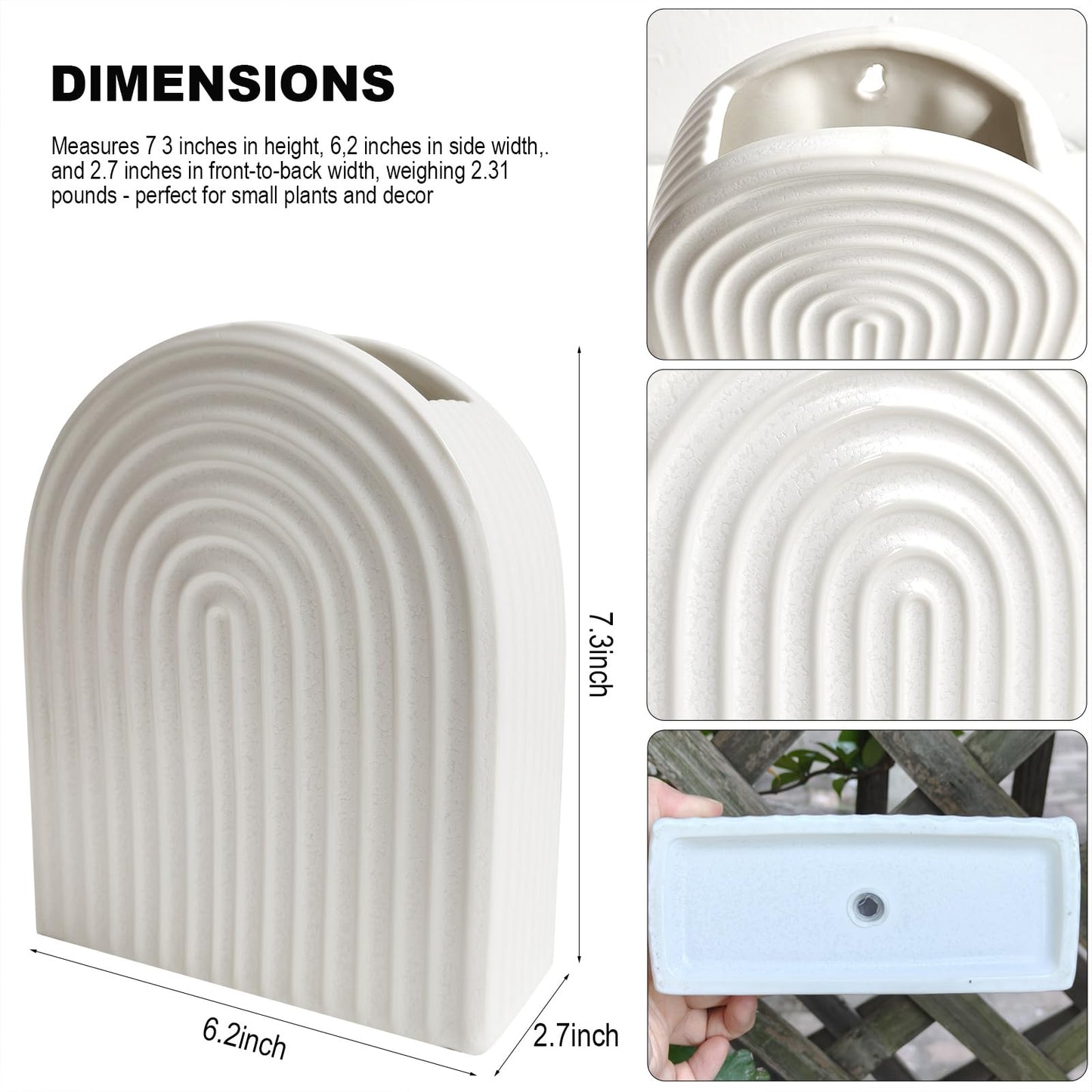 qumHmup Ceramic Wall Planter, Modern Ribbed White U-Shaped, 7.3 inch Height, Indoor Outdoor Hanging Vase with Drainage Hole, Decorative Fluted Texture