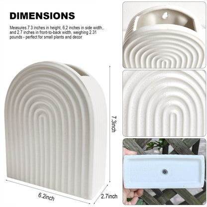 qumHmup Ceramic Wall Planter, Modern Ribbed White U-Shaped, 7.3 inch Height, Indoor Outdoor Hanging Vase with Drainage Hole, Decorative Fluted Texture
