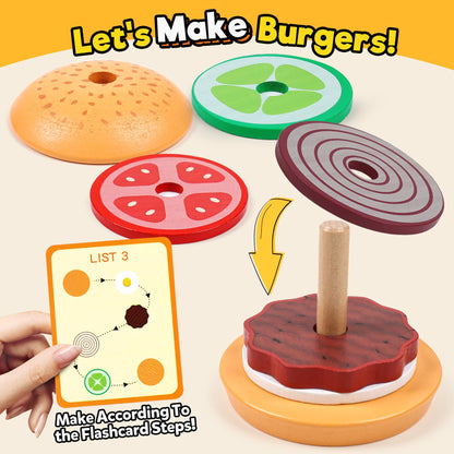 Kizh Wooden Burger Sorting Stacking Toy for Toddlers - Preschool Montessori Educational Fine Motor Toys for Kids Boys Girls