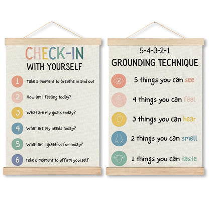 IAFQWDS 54321 Grounding Technique Mental Health Wall Art Hanging Poster Framed, Check in With Yourself CBT Wall Decor Prints for Classroom Therapy Counselor Psychologist Office, 12x16 Inch Set of 2
