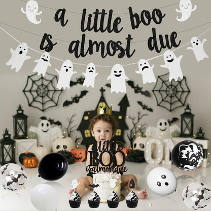 Balterever a Little Boo is Almost Due Baby Shower Decoration Black White Halloween Baby Shower Decor with a Little Boo is Almost Due Banner Garland Cupcake Cake Topper for Halloween Gender Reveal