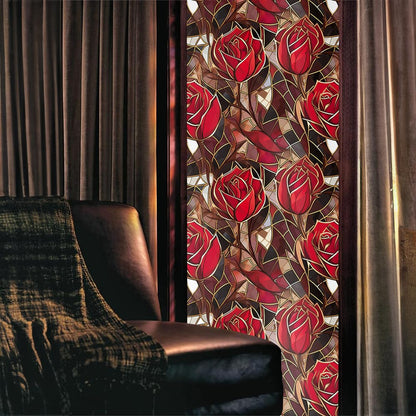 Modern Gold Red Rose Flowers Stained Glass Window Films Decorative Double-Side Privacy Film Self-Adhesive Static Clings for Living Room Bathroom Glass Windows Decor