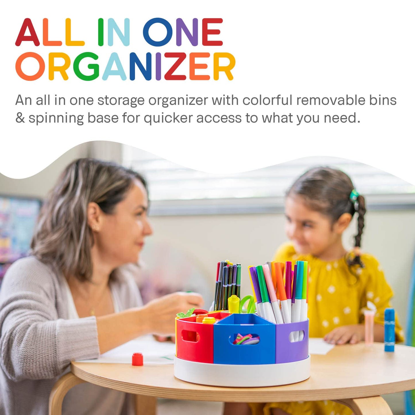 PUZZLE EZ 8.6" Desk Art Supply Organizer for Kids – Compact Rotating Lazy Susan Art Caddy with Dividers for Crayons, Markers & Pencils, Classroom Storage for Teachers Students Homeschool