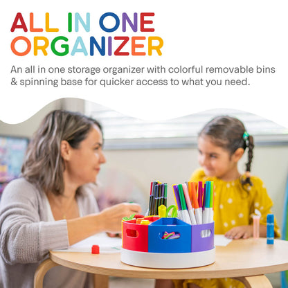 PUZZLE EZ 8.6" Desk Art Supply Organizer for Kids – Compact Rotating Lazy Susan Art Caddy with Dividers for Crayons, Markers & Pencils, Classroom Storage for Teachers Students Homeschool