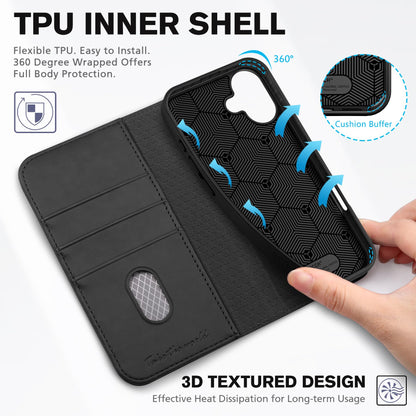 TUCCH Case Wallet for iPhone 16 Plus, [3 Card Holder Slots] Folio PU Leather Cover, [RFID Blocking] Stand Flip TPU Shockproof Interior Case Compatible with iPhone 16 Plus, Black