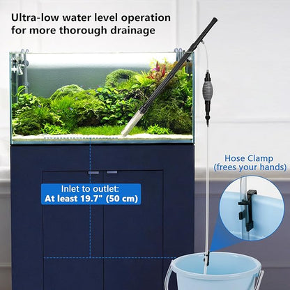 AQQA Gravel Vacuum for Aquarium Siphon - Adjustable Flow Fish Tank Cleaner with Handle, Manual Siphon Pump Water Changer Sand Rock Suction Cleaner, Upgraded Hard Hose with Threaded Connection (S)