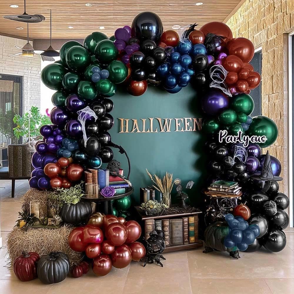 Halloween Balloon Arch Double Stuffed, Dark Green Navy Blue Burgundy Purple Black Balloon Garland Kit for Halloween Birthday Witch Gothic Spooky Magic Party Decoration