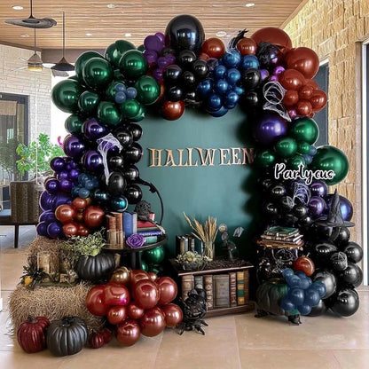 Halloween Balloon Arch Double Stuffed, Dark Green Navy Blue Burgundy Purple Black Balloon Garland Kit for Halloween Birthday Witch Gothic Spooky Magic Party Decoration