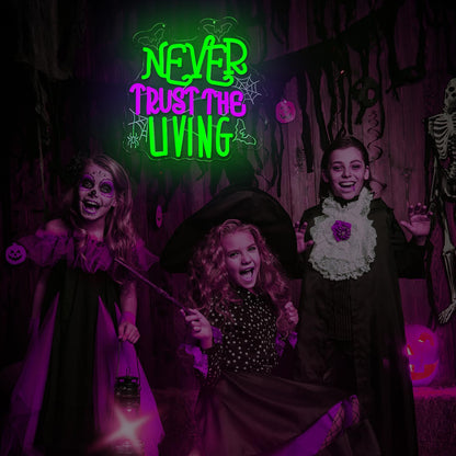 Ajoyferris Never Trust The Living Neon Sign Halloween Neon Signs for Wall Decor Dimmable Tombstone Led Sign Gothic Haunted House Neon Lights for Windows Halloween Party Decor