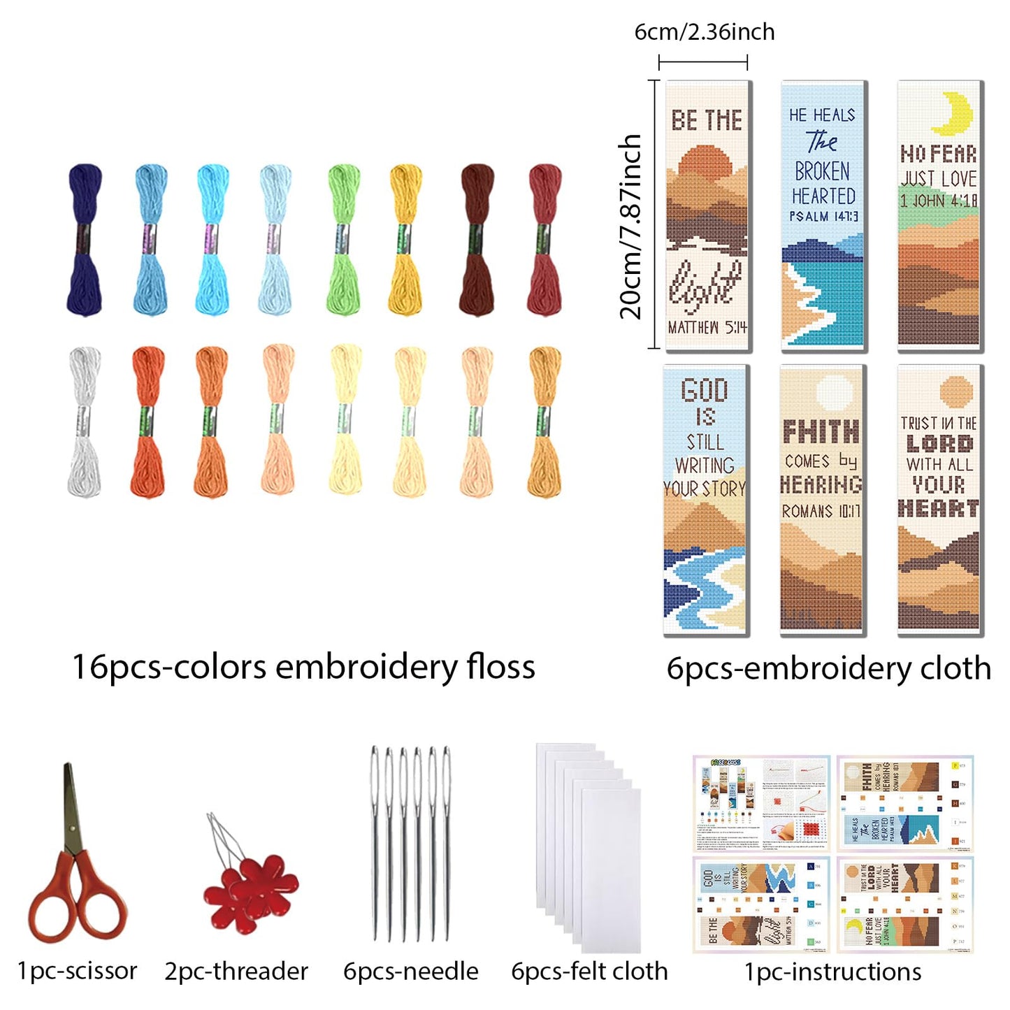 FREEBLOSS 11CT 6 Set Cross Stitch Bookmark Kit Landscape Stamped Embroidery Bookmark Kit with Instructions 6 Back Felt Bookmarks Making Set for Adults Book Lovers, 8"x2.4"