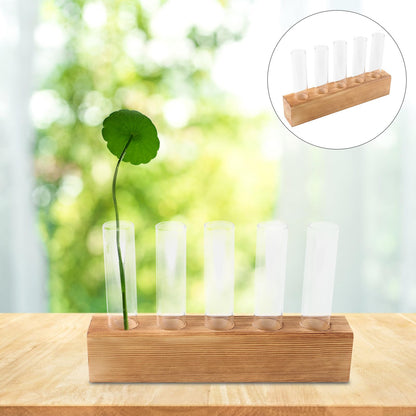 SEWACC Hydroponic Glass Planter Vase with 5-Hole Wooden Base, Plant Terrarium for Indoor Propagation and Home Office Décor, Glass Bud Vases for Desktop Hydroponics