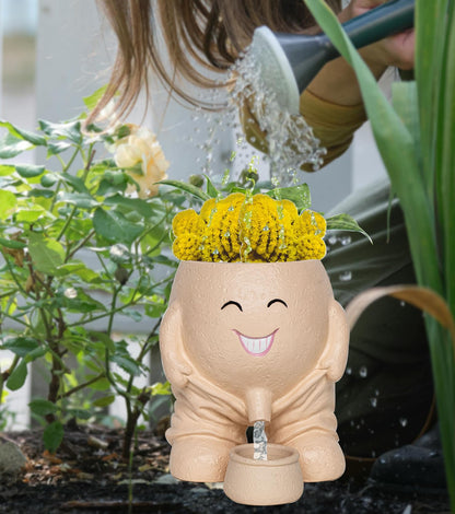 RZOIKZOI Quirky Creative Planter with Smiley Face,Naughty Boy Plant Face Pot with Drainage Hole,for Indoor Outdoor, Christmas, (Naughty Boy,Khaki)
