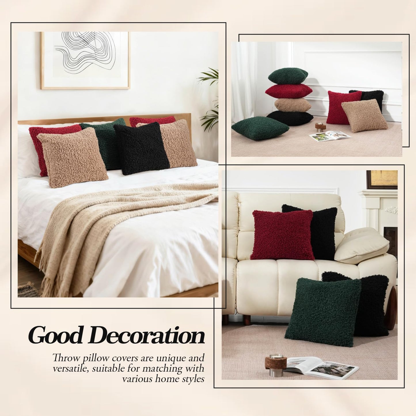 AMZWISE Pillow Covers Decorative Curly Teddy Wool 22X22 Inch Throw Pillows Set of 2 for Outdoor Garden, Boucle Textured Neutral Cushion Covers for Chair Sofa Bedroom Living Room Bed Decor, Black