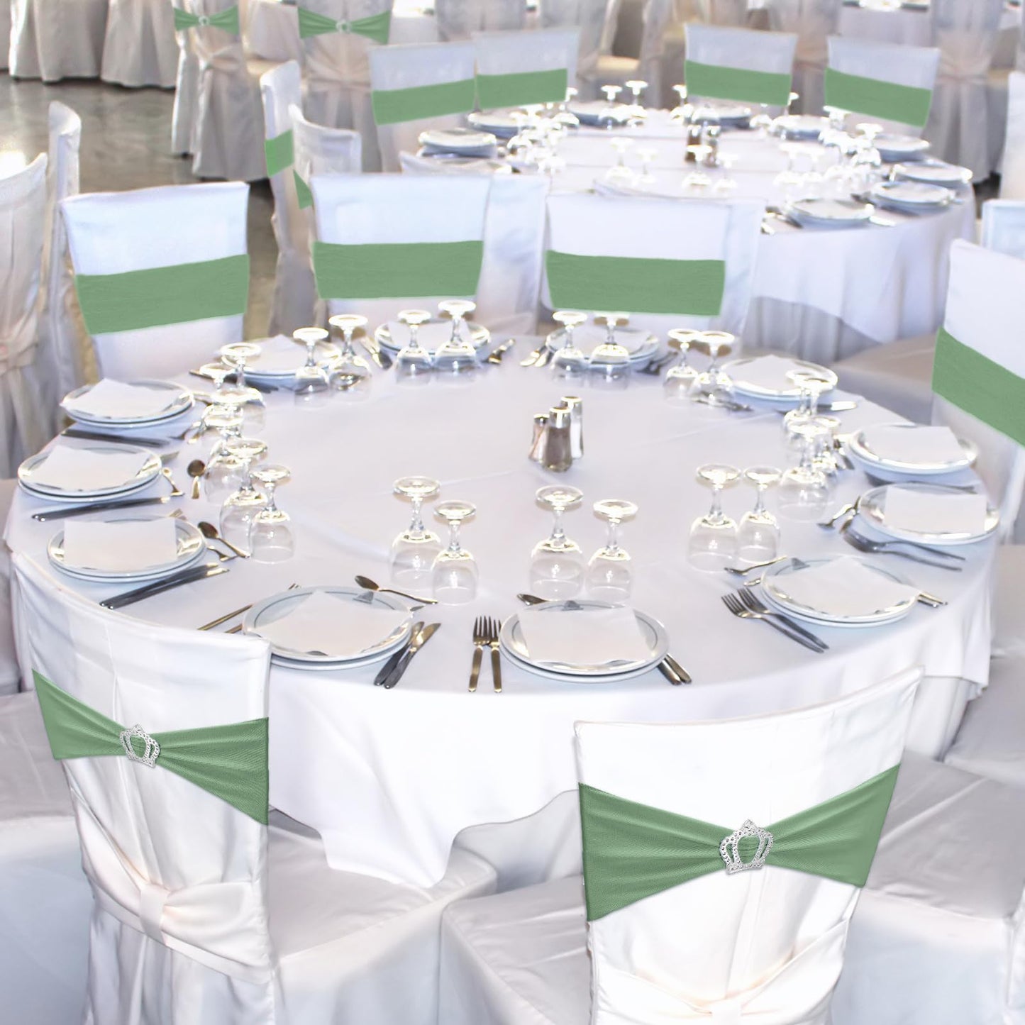 VitalCozy 50 Pcs Stretch Chair Sashes with Crown Chair Sashes with Buckle Slider Wedding Elastic Cover for Party Bridal Baby Shower Ceremony Reception Banquet(Sage Green)