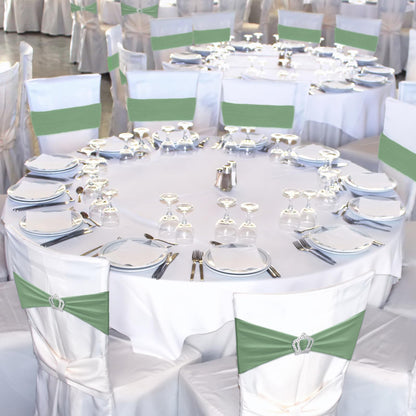 VitalCozy 50 Pcs Stretch Chair Sashes with Crown Chair Sashes with Buckle Slider Wedding Elastic Cover for Party Bridal Baby Shower Ceremony Reception Banquet(Sage Green)