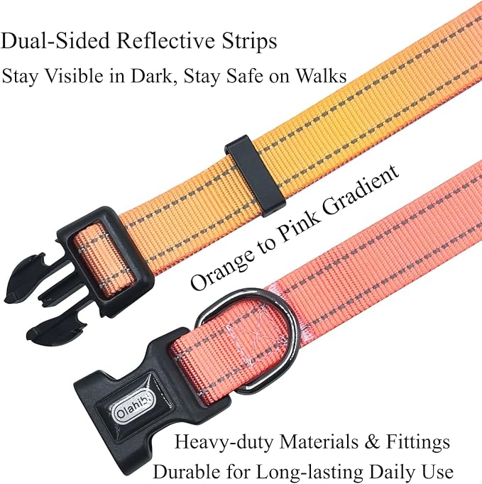 Dog Collar Leash Set, Gradient Color, with Safety Reflective Strips, 5 ft Matching Leash, Neoprene Padded Handle, Adjustable 4 Sizes for Small Medium Large Dogs.(S, Orange Pink)