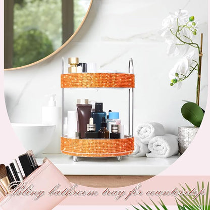 Honeydak 360 Rotating Perfume Organizer Gift for Women, Rhinestone Preppy Skincare Organizer Bathroom Counter Makeup Holder Skincare and Perfume Storage for Cosmetic(2 Tiers,Resin Diamond,Orange)