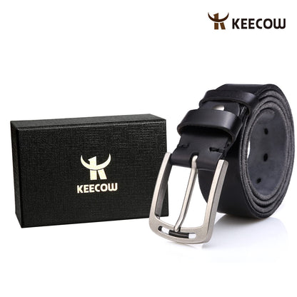 KEECOW Men's 100% Italian Cow Leather Belt Men With Anti-Scratch Buckle,Packed in a Box (Black-1001, 38-42)